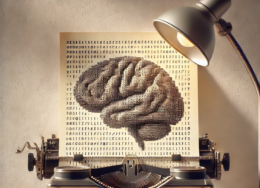 A typewriter printing out a sheet of paper with an ascii art brain on it